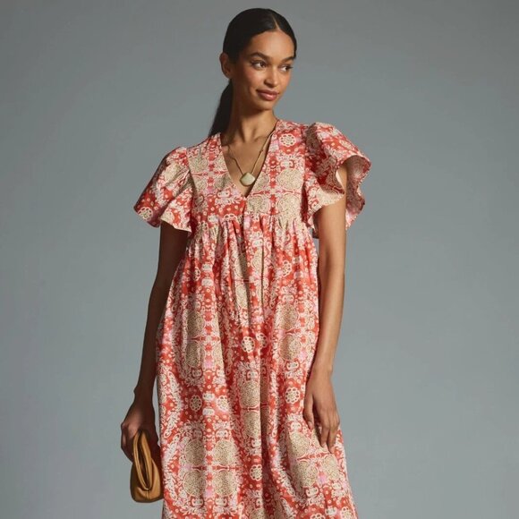 Maeve by Anthropologie 100% Cotton Printed Flutter Sleeve Babydoll Dress Size XS - Picture 1 of 13